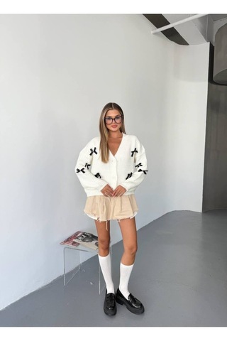 Kechi Woman Kurdeleli Triko Hırka Beyaz