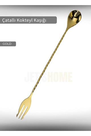 Gold Kokteyl Kaşığı Çift Başlıklı Paslanmaz Barista Kaşığı Çatallı Barmen Kaşığı Çelik 30 Cm Gold