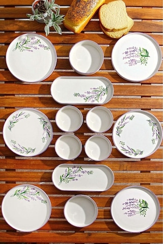 14 Parça 6 Kişilik Stackable Lavantalı Kahvaltı Takımı - Lüx Kahvaltılık Sunum Seti Tabağı Mor Mürdüm