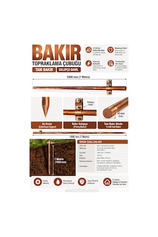 Bakır 1mt 18lik Tam Bakır Topraklama Çubuğu Çap 18mm Boy 100cm Cu Kelepçe Dahil