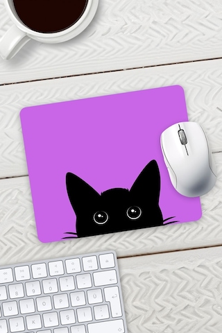 Mor Renk Kedi Baskılı Mouse Pad 23x19cm Fare Altlığı Kaydırmaz Taban Mousepad
