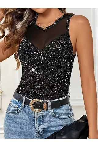Alyn Wear Kadın Sıfır Kollu Tül Ve Taş Detaylı Dalgıç Bluz Siyah