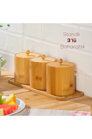 Porsima Pbt-604 Bambu Çok Amaçlı Standlı Saklama Kabı Organizer 4 Parça Baharat Seti Bambu