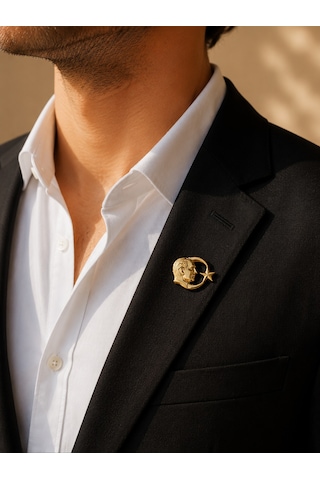 Atatürk Ay Yıldız Gold Renk Rozet Unisex Yaka Aksesuarı Gri