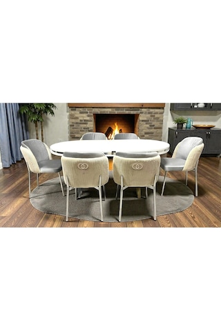 Msy Home 6 Kişilik Aura Krom Serisi Beyaz Lake Oval Yemek Masası Ve Puffy A.gri Sandalye Takımı Modern Krem-açık Gri