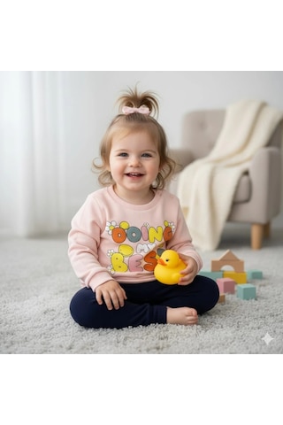 Kız Bebek Baskılı Çıt Çıtlı Alt Üst İkili Gündelik Takım 6-18 Ay Pudra