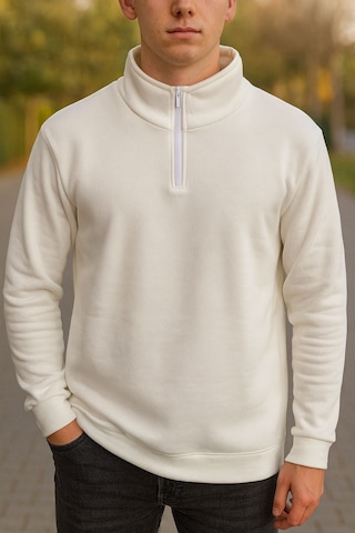 Yarım Fermuarlı Erkek Polar Sweatshirt - Sıcak Tutan , Rahat Kalıp Beyaz