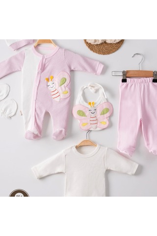 Candar 3 Ay Kelebek Nakış Puanlı Tulumlu Kız Bebek 5'li Set Pembe Pembe