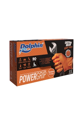 Dolphin Nitril Powergrip Ekstra Kalın Elmas Dokulu Eldiven Turuncu Large Büyük Boy - 50'li 10 Paket