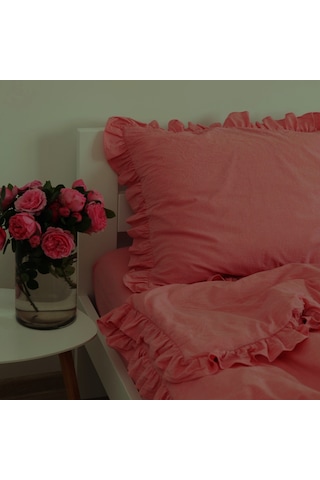 Maki Home %100 Pamuklu Fırfırlı Fuşya 200x220+2 50x70 Çift Kişilik Nevresim Ve Yastık Kılıfı Seti Fuşya