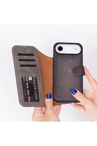 Bloomcase Magic Wallet Ash Mist Gray Hakiki Deri İphone Uyumlu 17 Air 6.5" Cüzdanlı Telefon Kılıfı Gri