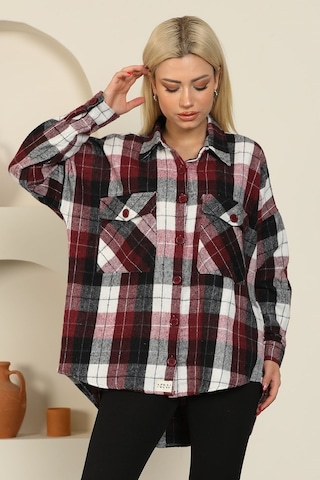 Nurneva Oduncu Kumaş Ekose Desen Oversize Gömlek Bordo-bordo Bordo