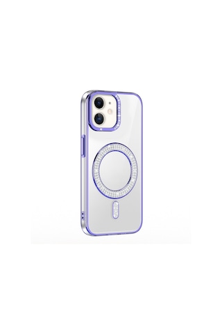 Apple Uyumlu iPhone 11 Kılıf Pırlanta Taş Tasarımlı M-safe Şarj Özellikli Karetta Silikon Kılıf Mor