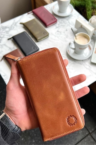 Leo Taba Unisex Hakiki Deri Telefon Bölmeli Cüzdanı Taba