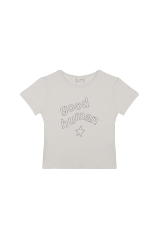 Antebies Organik Gri Good Human Nakışlı Beli Lastikli Kısa Kollu Erkek Çocuk Pijama Takımı Bej