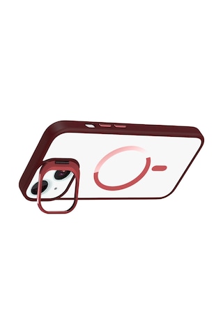 Joko Apple iPhone Uyumlu 13 Remim Lensli Magsafe Standlı Kapak - Bordo Düz Renkli