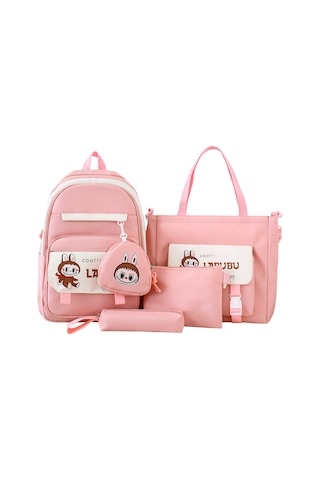 Dört Parçalı Öğrenci Sırt Çantası Makyaj Çantası Pembe