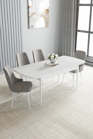 Zümra Serisi, Beyaz 80x132 Açılabilir Mdf Mutfak Masası Takımı 4 Adet Sandalye, Gri