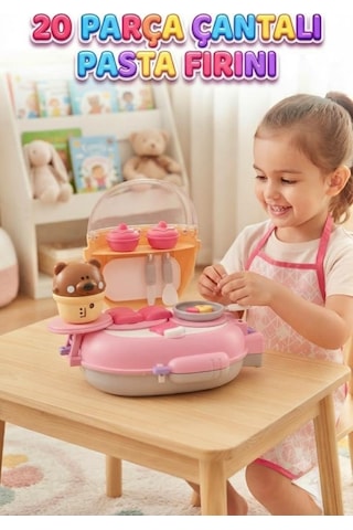 20 Parça Çantalı Pasta Fırını Taşınabilir Mini Şef Mutfak Seti Ve Eğitici Rol Yapma Oyuncağı