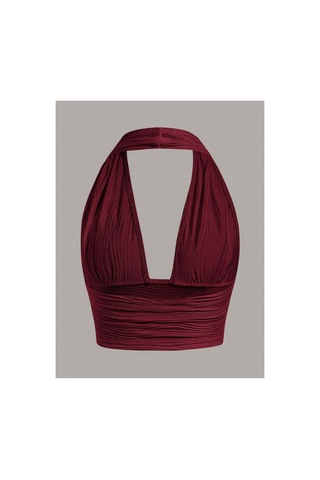 Wild Flower Elastanlı Halter Yaka Crop Dekolteli Bluz Bordo