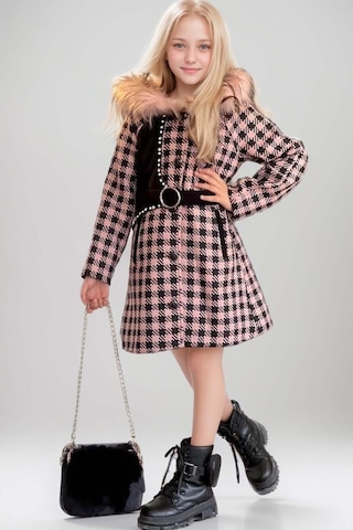 Riccotarz Kız Çocuk Kapüşonlu Peluş Detaylı Kare Desenli Pembe Kaban Pembe