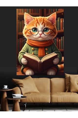 Kitap Okuyan Sevimli Kedi Dekoratif Kanvas - Mdf Ahşap Tablo