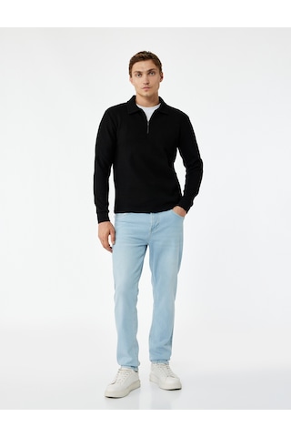 Koton Uzun Kollu Basic Dokulu Yarım Fermuarlı Polo Yaka Sweatshirt Siyah 6wam70023mk Siyah