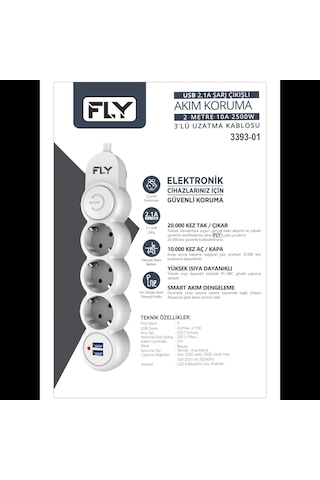 Fly 3393-01, 3 Soket, 2 Usb, Akım Korumalı Priz, 2.1a, Anahtarlı, 2mt Kablo, Beyaz