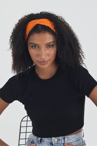 Siyah Kısa Kol Bisiklet Yaka Vücuda Oturan Kaşkorse Crop + Bandana Set %100 Pamumklu, Esnek Rahat Siyah-Turuncu