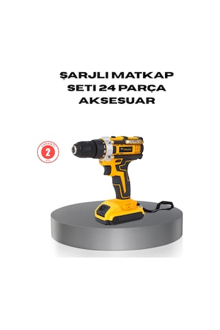 Mey İthalat Çift Bataryalı Darbeli Şarjlı Matkap Seti Metal Dişli, 24 Parça Aksesuar Ve Led Işıklı