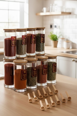 Snippy Nare - 12'li Bambu Vakumlu Kapaklı Ahşap Kaşıklı Etiketli Cam Baharatlık Cam Saklama Kabı 290 Ml Şeffaf