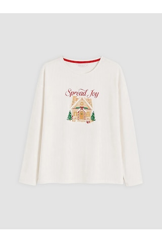 LC Waikiki Lcw Dream Ekru Yılbaşı Temalı Kadın Pijama Takımı Ekru Baskılı