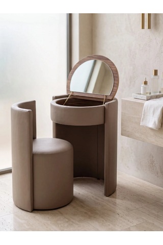 Elegance Aynalı Makyaj Aynası Masası Ve Berjer Sütlü Kahve