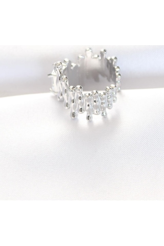 Silver Renk Tırtıklı Kalın Baget Taş Tasarım Ayarlanabilir Yüzük Gümüş