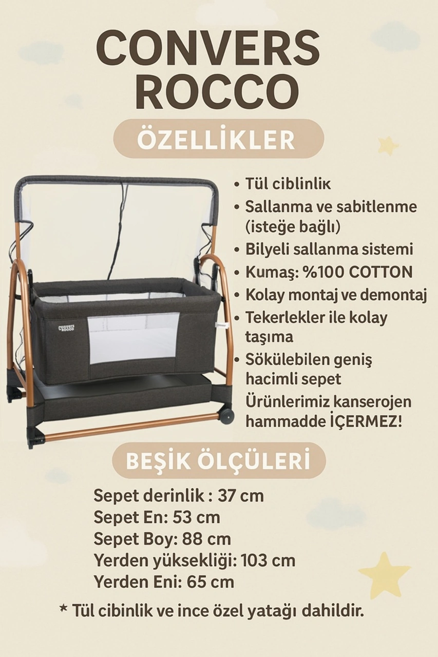 Rocco Sallanabilir Bebek Beşik Hamak Beşik Sepet Beşik Gri