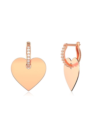 İndigo Takı Sade Kalpli Plaka Rose Gümüş Küpe Rose Renk