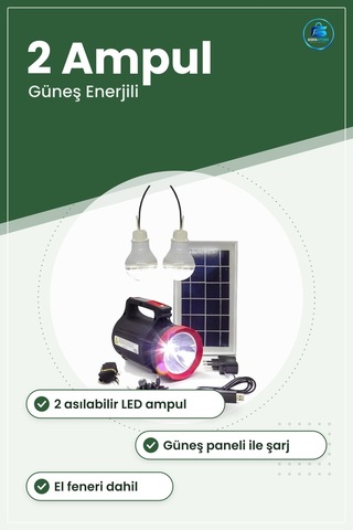 Güneş Enerji Sistemi Ev Işık Paneli 2 Ampullü El Feneri Şarjlı Ta