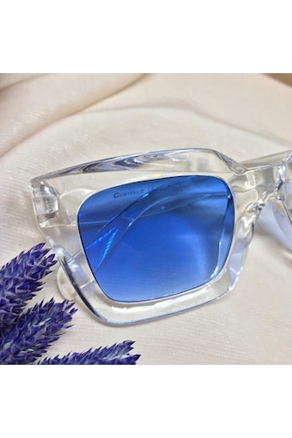 Cat Eye Kristal Şeffaf Kadın Güneş Gözlüğü Mavi Cam