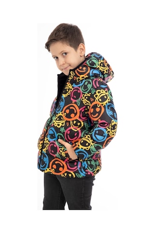 Erkek Çocuk Gülen Emoji İçi Polarlı Kürklü Su Ve Rüzgar Geçirmez Kapüşonlu Cepli Kışlık Şişme Çok Renkli