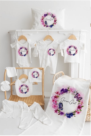 Bebewini Organik Pamuk Baskılı 11'li Isimli Bebek Hastane Çıkışı Ekru