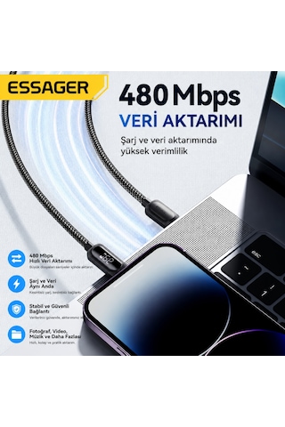 Essager 1 Metre 29w Pd 3a Type-c To Lightning Hızlı Şarj Ve Data Kablosu Dijital Güç Göstergeli 480mbps Desen - Ben10