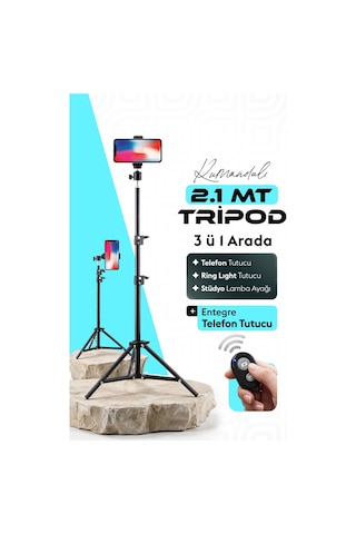 Bluetooth Kumandalı Tripod 2.1 Mt 360 Döner Başlıklı Telefon Tutucu Ring Light Stüdyo Lamba Ayağı