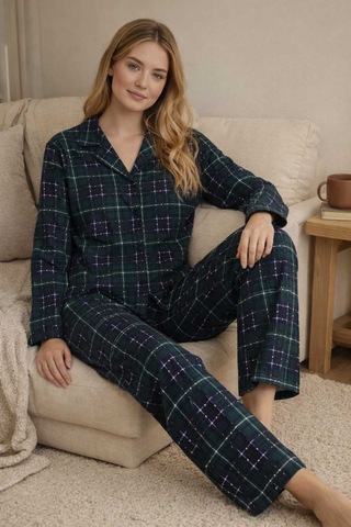 Tenra Kadın Pijama Takımı Boydan Düğmeli Haki