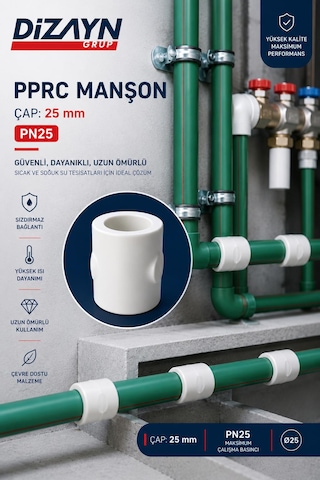 Dizayn Pprc Manşon 25 Mm 100 Adet Pn25 Temiz Su Tesisat Ek Parçası