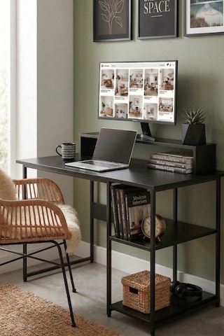 Vienna 2 Raflı Metal Ayak Çalışma Masası Laptop Masası Bilgisayar Masası 60x120cm Siyah- Siyah Siyah