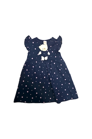 Ayıcık Aksesuarlı Çiçekli Kız Çocuk Yazlık Elbise Lacivert