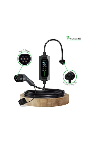 Coswatt Taşınabilir EV Şarj Cihazı CS-P1-16A / 3.5kW / 10m / Türkçe / 220V AC / Tip-2 / 2x16A Ev Tipi Fiş / Çanta