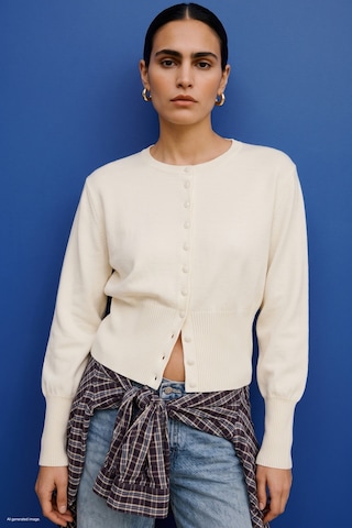 Sateen Düğmeli Hırka - Ekru-137857