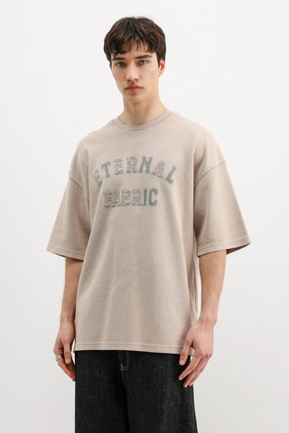 Vamos Oversize Baskılı Tişört V70-148 Bej