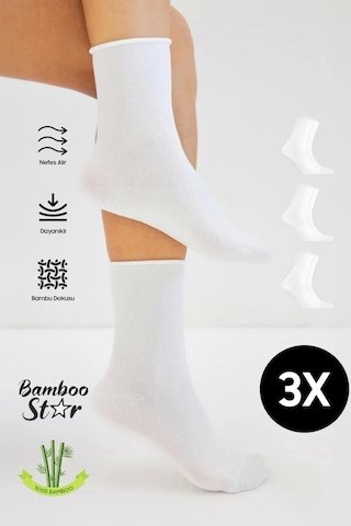 Bambu Kadın Lastiksiz Beyaz Soket Dikişsiz Premium Çorap 3'lü Pkt